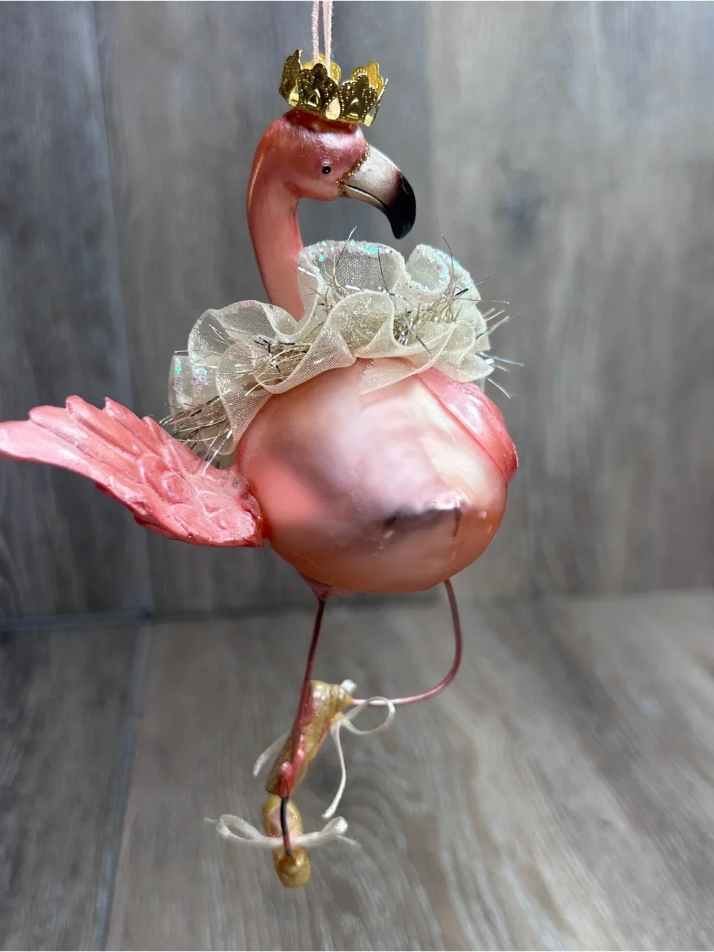 Vintage Pink Flamingo Ballerina Ornament with Cream Tulle Collar and Gold Crown